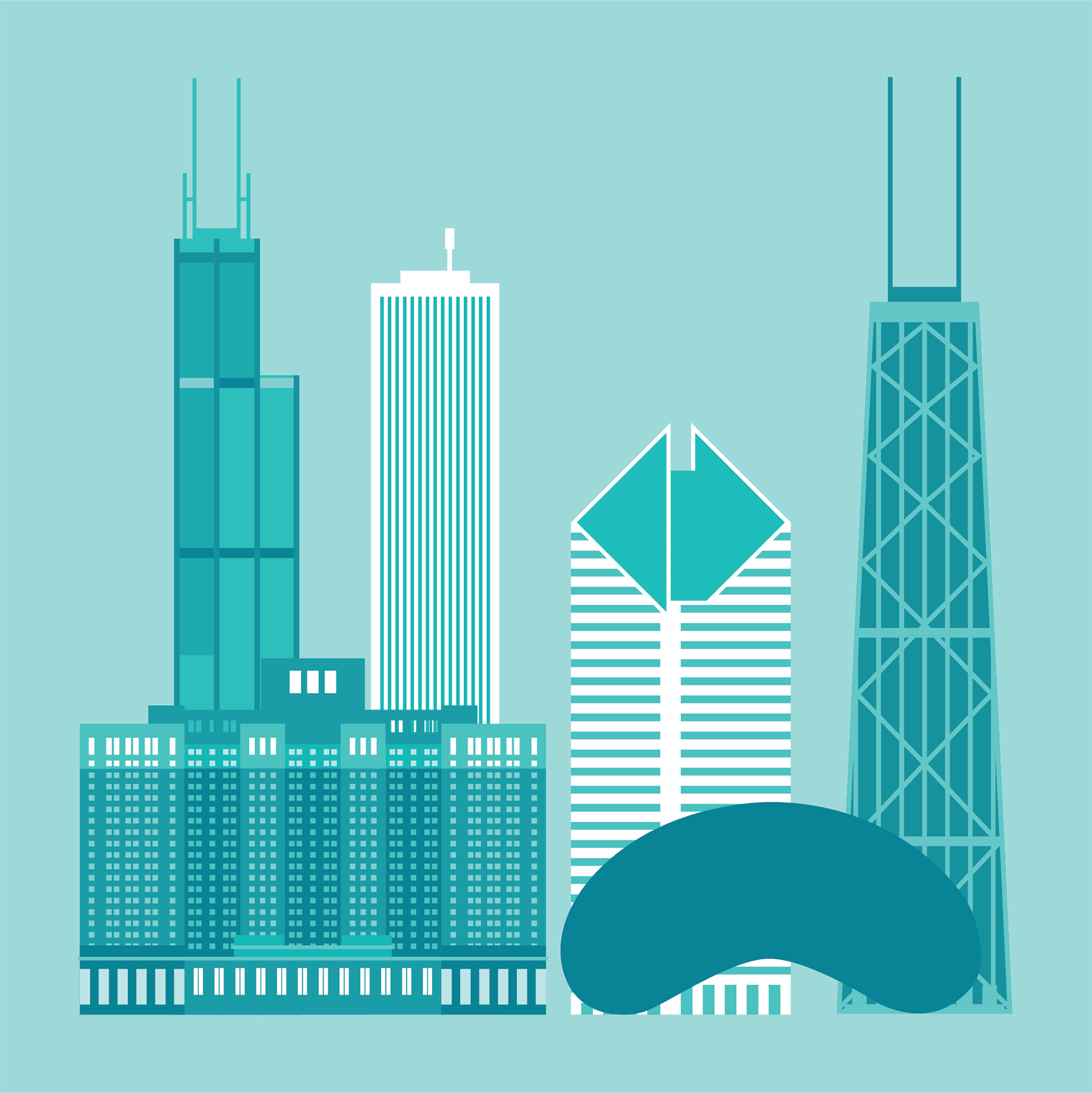 A blue illustration of Chicago structures