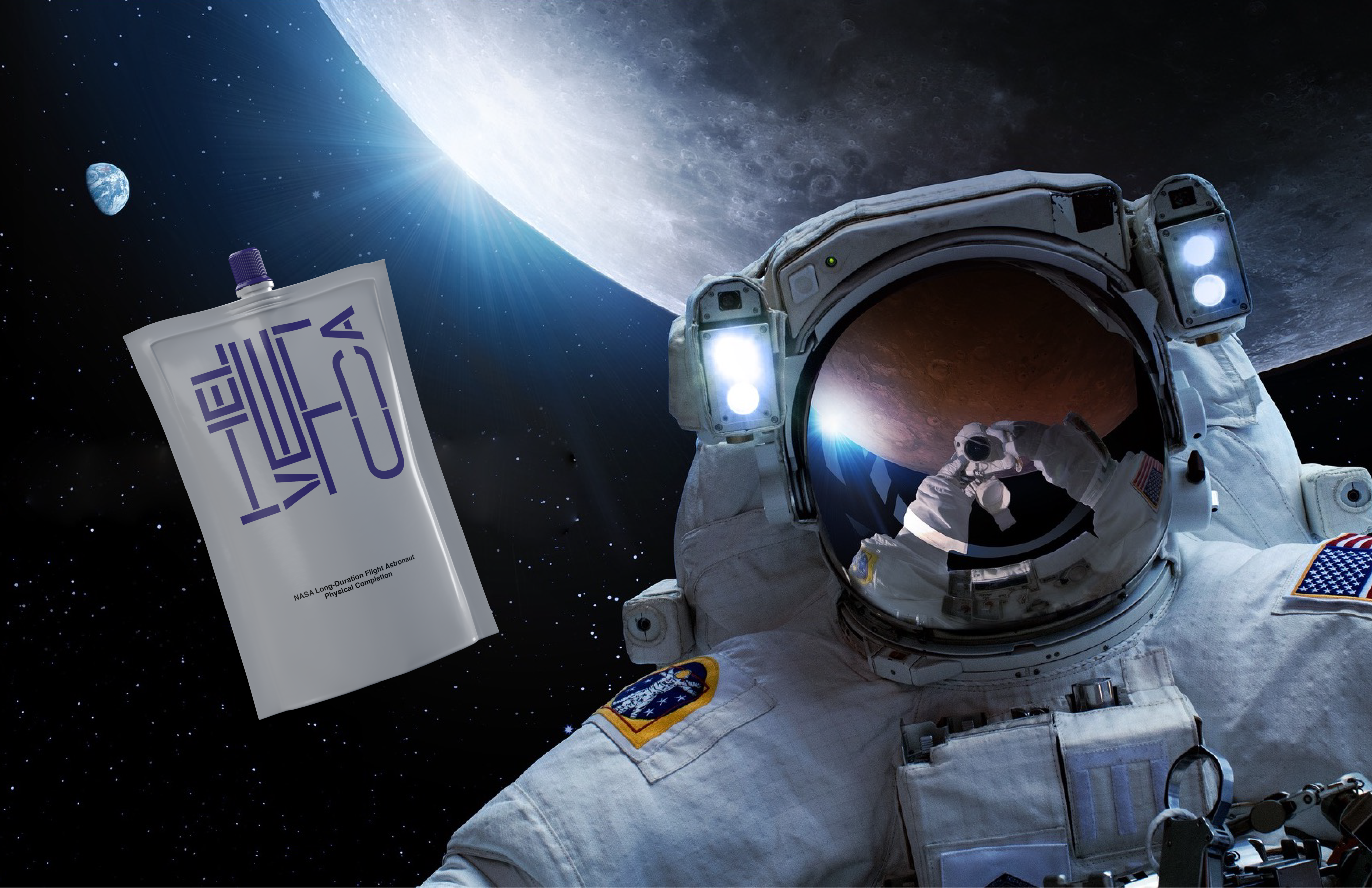 An astronaut floating in space with a pouch of the food